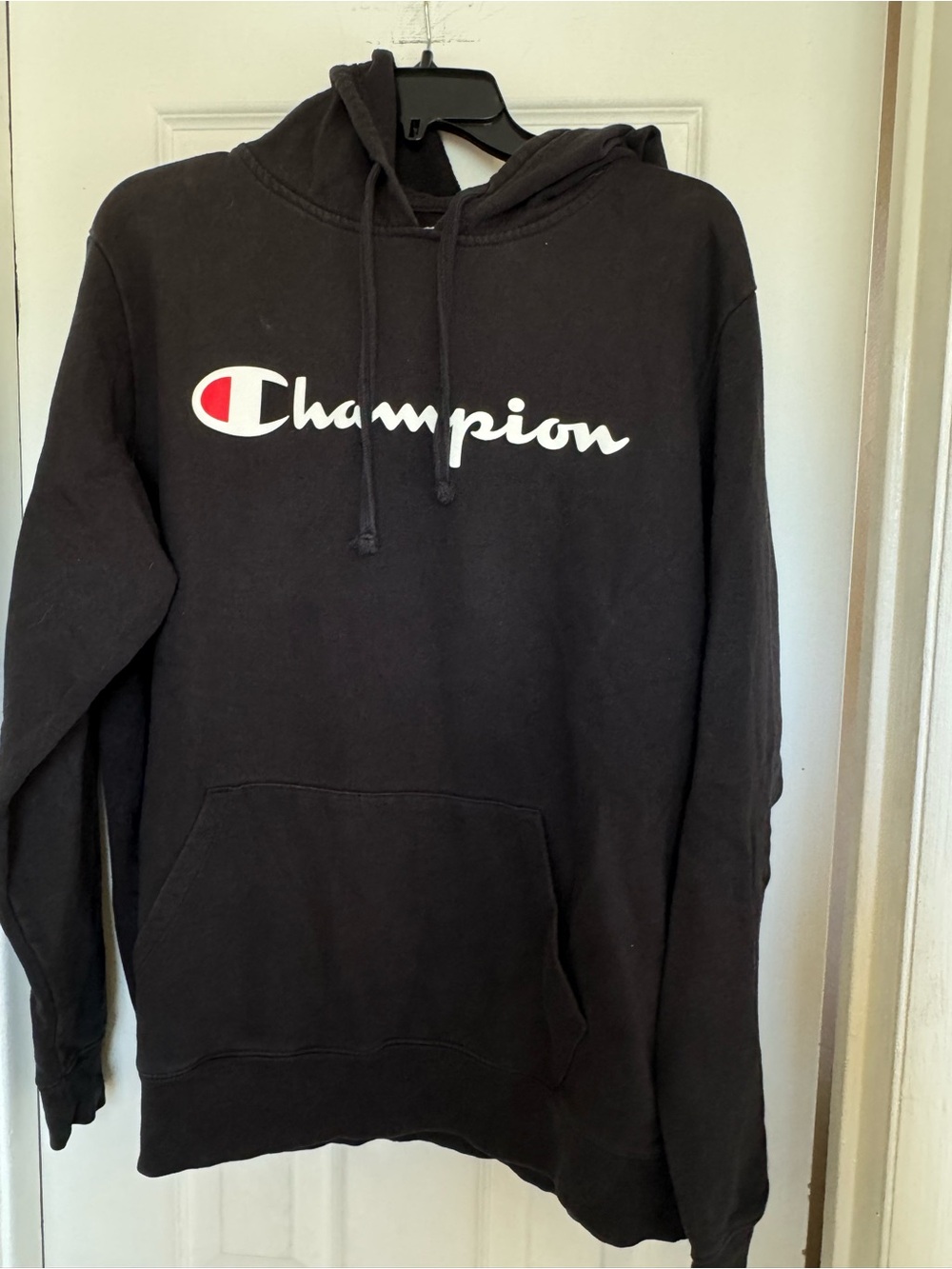 Champion Black Hoodie with White Script and Red Logo